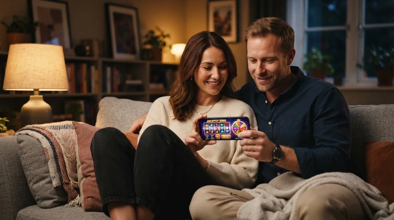 Par sidder i sofaen, og den ene viser noget på mobilen til den anden, mens de smiler i aftenlys.