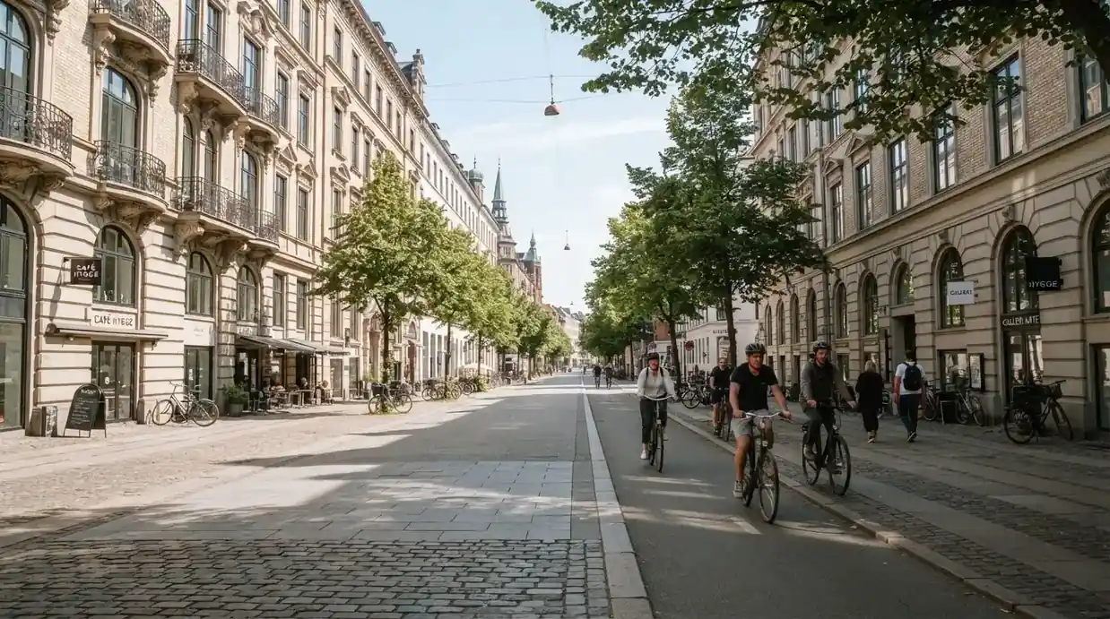 Københavnsk gade med klassiske sandstensbygninger og cyklister i klart vejr, set fra fortovet.